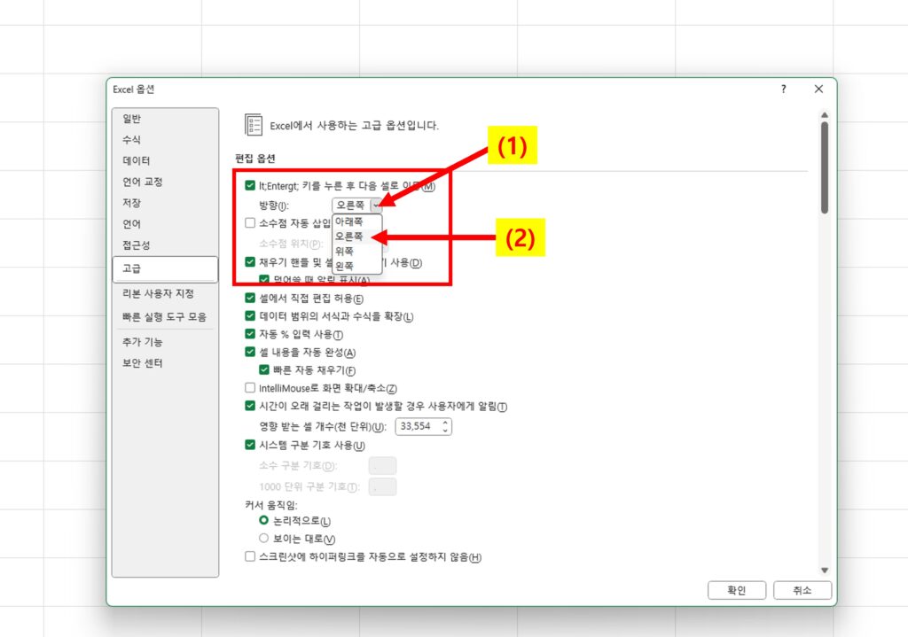 엑셀 커서 우측 이동 설정 화면