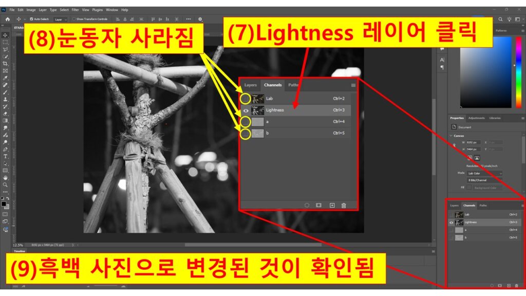 포토샵에서 Lab 모드로 전환 후 Lightness 채널만 선택하는 화면(네 장 중 넷째 장)