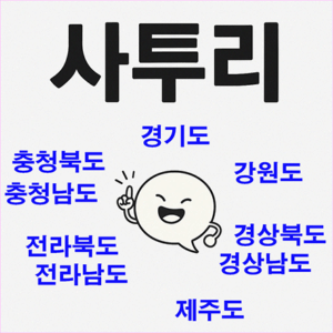 사투리라는 큰 제목과 함께, 대한민국 9개 도(경기도, 강원도, 충청북도, 충청남도, 전라북도, 전라남도, 경상북도, 경상남도, 제주도)의 이름이 파란색 글씨로 표시된 일러스트 이미지
