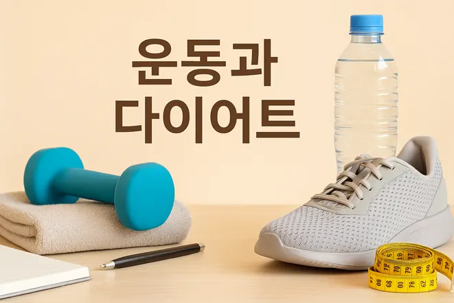 운동과 다이어트"라는 한국어 문구가 적힌 배경 앞에 운동화, 덤벨, 물병, 줄자, 수건, 노트와 펜이 놓여 있는 이미지