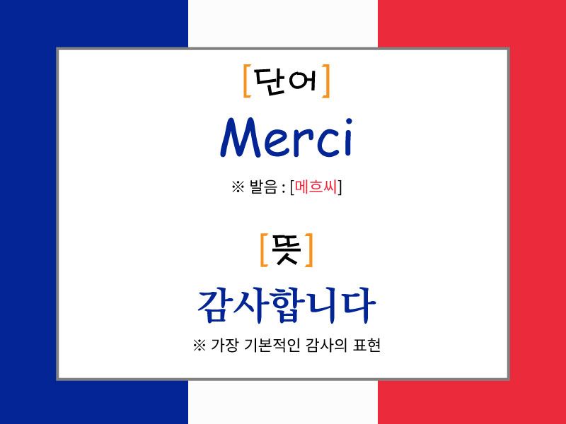 프랑스 국기 배경 위에 'Merci'라는 단어와 발음 [메흐씨], 뜻은 '감사합니다'라고 소개된 이미지. 프랑스어에서 가장 기본적인 감사 표현임이 설명되어 있음