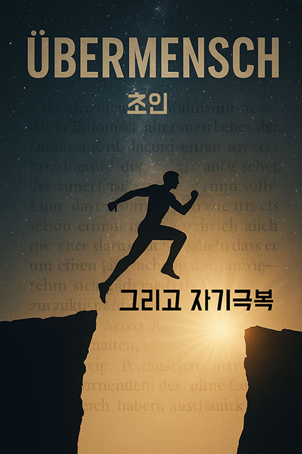 절벽 사이를 도약하는 인간 형상의 실루엣과 별이 빛나는 하늘, ‘ÜBERMENSCH’라는 독일어 텍스트가 있는 니체 철학 상징 이미지