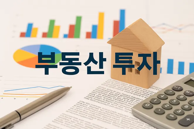 부동산 투자"라는 한국어 문구가 적힌 이미지로, 목재로 된 작은 집 모형과 부동산 데이터 차트, 펜, 계산기가 함께 놓여 있는 모습