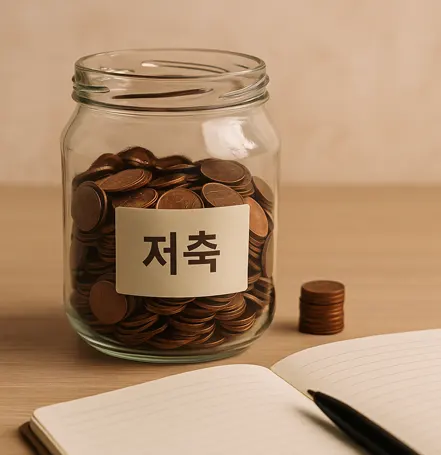저축"이라는 한국어 문구가 붙은 유리 저금통과 동전들, 그리고 옆에 놓인 노트와 펜이 함께 있는 이미지