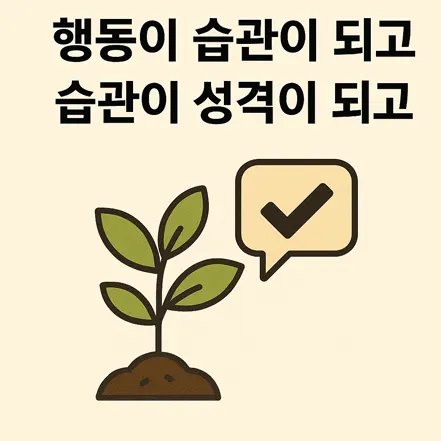 작은 식물이 흙 위에 자라고 있고, 그 옆에 체크 표시가 있는 말풍선이 떠 있는 일러스트. 행동이 습관이 되고, 습관이 성격이 되는 과정을 상징함.