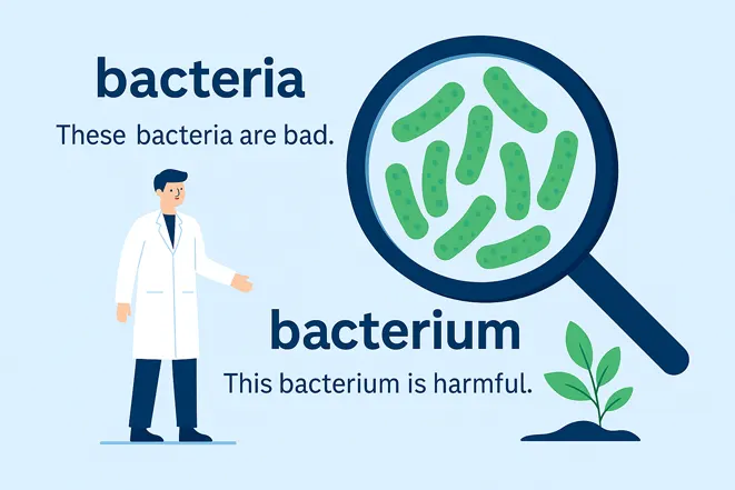박테리아(bacteria)와 박테리움(bacterium)의 차이를 설명하는 과학자와 확대경 속 균 이미지