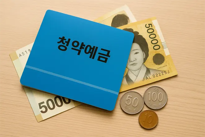 청약예금이라는 글자가 인쇄된 파란색 통장과 5만 원권 지폐, 한국 동전들이 나무 테이블 위에 놓인 이미지