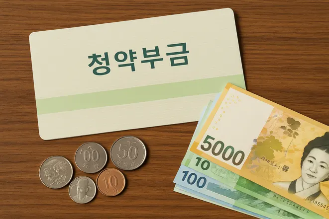 청약부금이라는 문구가 적힌 연두색 통장과 한국 지폐 및 동전이 테이블 위에 놓인 이미지
