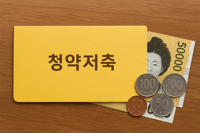 청약저축이라는 글자가 인쇄된 노란색 통장과 5만 원권 지폐, 한국 동전이 나무 테이블 위에 넓은 비율로 놓인 이미지