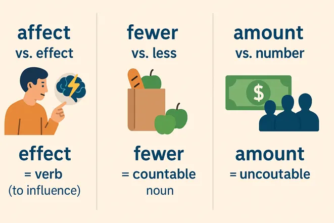 affect/effect, fewer/less, amount/number의 차이를 아이콘과 간단한 정의로 구분한 일러스트