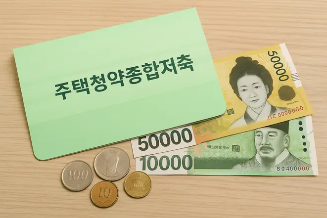 주택청약종합저축 통장과 한국 지폐 및 동전이 나무 책상 위에 놓인 이미지