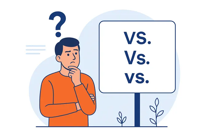 VS. / Vs. / vs. 표기를 보며 고민하는 남성의 일러스트