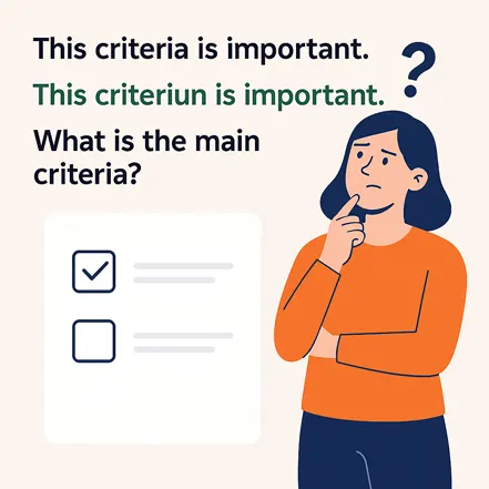 criteria와 criterion의 차이를 고민하는 여성과 체크리스트 일러스트