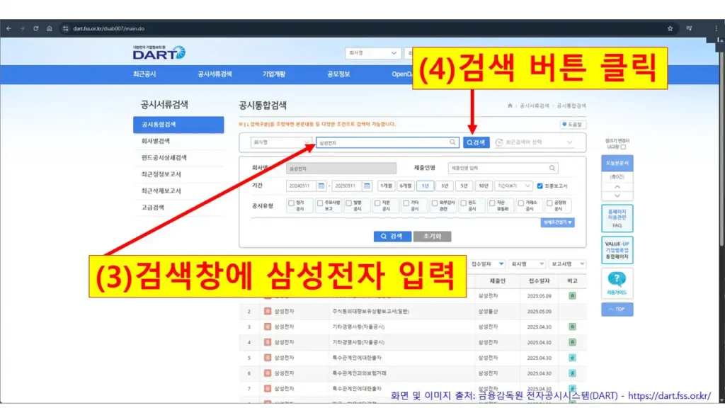 DART 공시 통합검색 화면에서 ‘삼성전자’를 검색창에 입력하고 검색 버튼을 클릭하는 모습