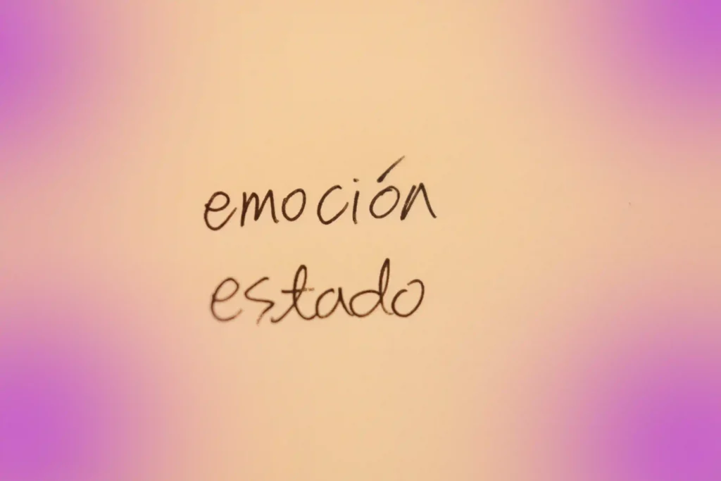 노트에 손글씨로 적힌 스페인어 단어 'emoción'과 'estado'