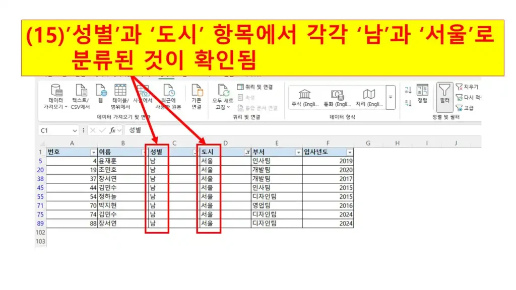 엑셀 자동 필터로 '남성'과 '서울' 조건을 모두 선택한 후 필터링된 화면