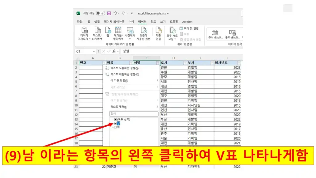 엑셀 필터 목록에서 '남' 항목을 선택하여 체크 표시를 한 장면