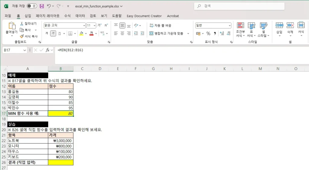 엑셀에서 MIN 함수를 사용하여 최소값을 구하는 예제와 실습 화면. 예제 표에서는 점수 데이터를 바탕으로 =MIN(B12:B16) 수식으로 B17 셀에 최소값(80)이 계산되고 있으며, 하단 실습 영역에는 다양한 전자기기 가격이 표시되어 있어 사용자가 직접 최소값을 계산할 수 있게 구성되어 있다.