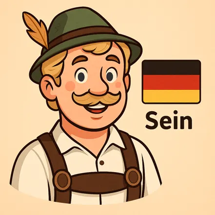 독일 전통 복장을 입은 금발 남성이 웃고 있는 만화 스타일 일러스트. 옆에는 독일 국기와 "Sein"이라는 텍스트가 있음