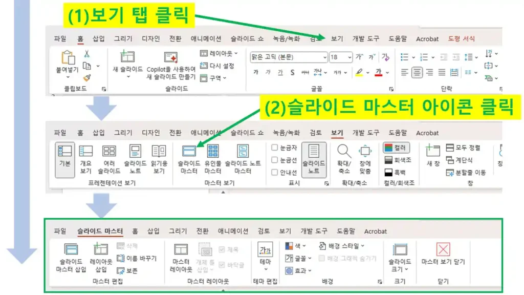 파워포인트에서 보기 탭을 클릭하고 슬라이드 마스터 기능에 진입하는 방법 안내