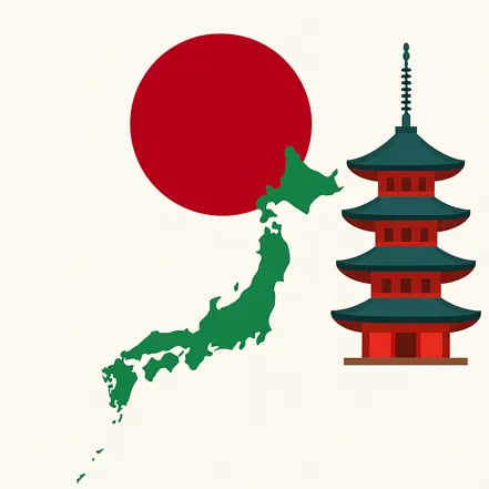 일본 지도, 붉은 해, 전통적인 5층 탑을 담은 미니멀한 일러스트