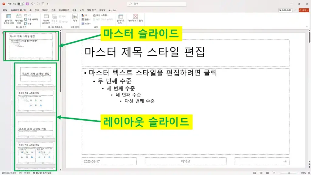 파워포인트 슬라이드 마스터와 레이아웃 슬라이드의 차이를 보여주는 화면