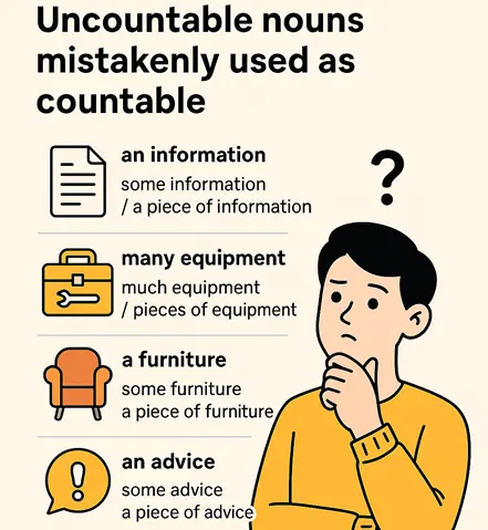 불가산명사(information, equipment, furniture, advice)를 셀 수 있는 명사처럼 잘못 사용하는 예시와 올바른 표현을 보여주는 일러스트