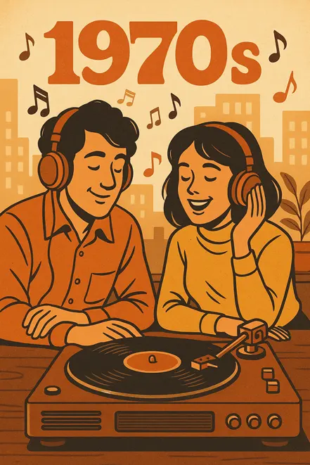 1970년대 복고풍 옷차림의 두 남녀가 LP 음반을 들으며 음악을 감상하는 장면