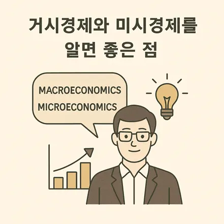 거시경제와 미시경제의 중요성을 상징하는 캐릭터와 말풍선, 전구 이미지