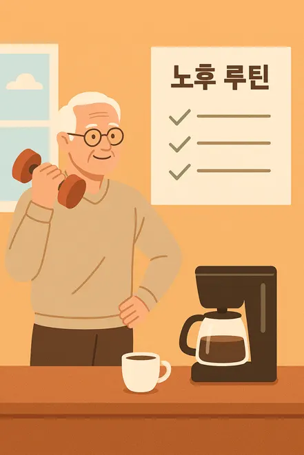 아침 루틴으로 덤벨 운동을 하며 커피를 준비 중인 노년 남성의 일러스트