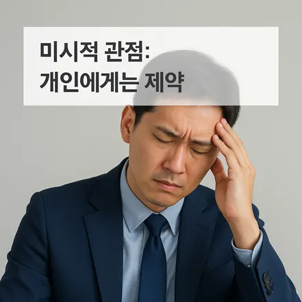 정장을 입은 남성이 이마를 짚고 고민하는 표정으로 '미시적 관점: 개인에게는 제약'이라는 문구가 포함된 이미지