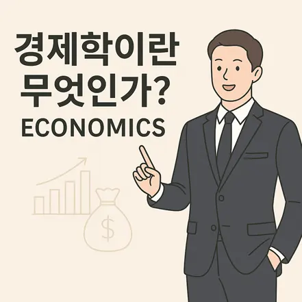 정장을 입은 남성이 경제학이란 무엇인가를 설명하는 일러스트