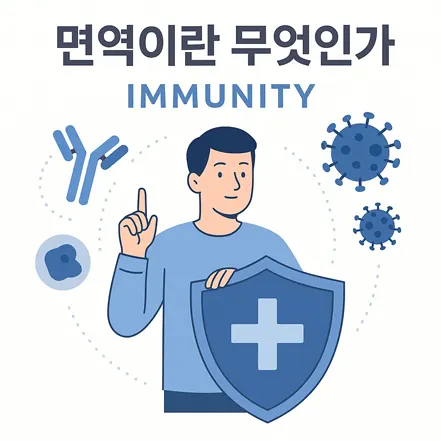 면역이란 무엇인가에 대해서 설명하는 남성과 방패, 바이러스, 항체 아이콘
