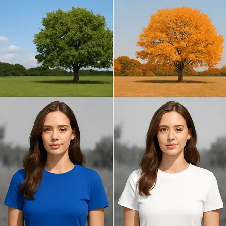 Hue/Saturation 기능 활용 예시를 보여주는 4분할 이미지. 초록 나무, 가을 분위기의 나무, 컬러 피사체, 흑백 배경.