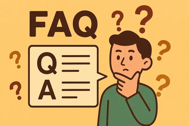 자주 묻는 질문을 나타내는 FAQ 일러스트 – 고민하는 남성과 질문 기호 아이콘