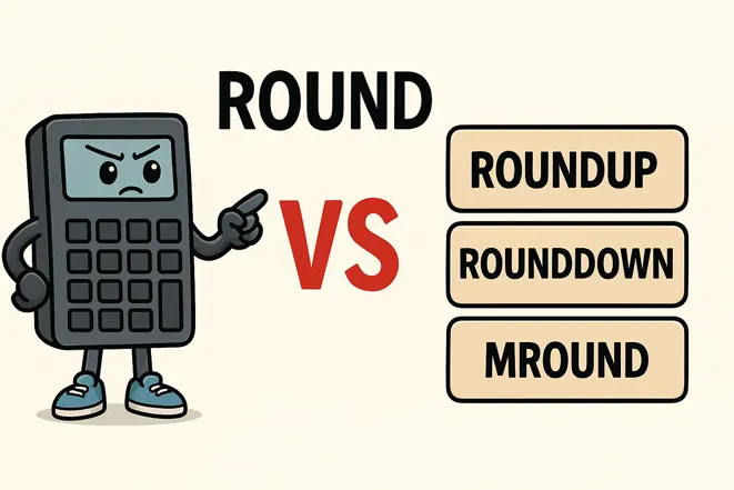ROUND 함수와 ROUNDUP, ROUNDDOWN, MROUND 함수의 비교를 표현한 재미있는 일러스트