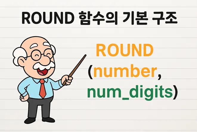 귀여운 캐릭터가 엑셀 ROUND 함수 기본 구조를 설명하는 이미지
