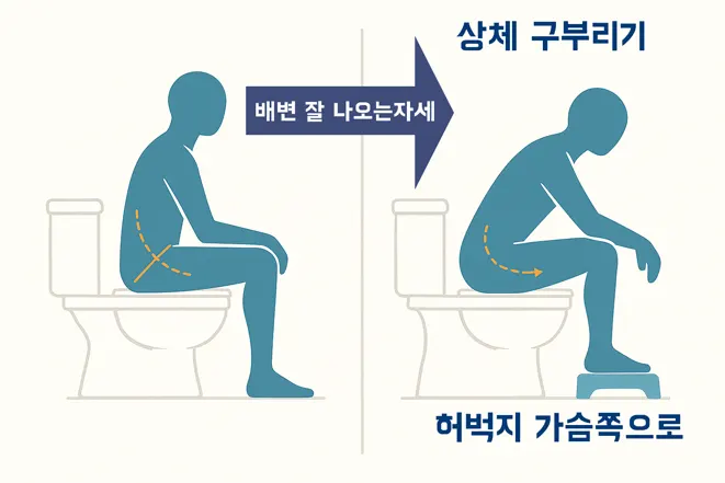 변기 위에 앉은 사람의 두 가지 배변 자세를 비교한 이미지. 왼쪽은 일반적인 90도 자세, 오른쪽은 상체를 숙이고 발을 올려 각도를 줄인 자세