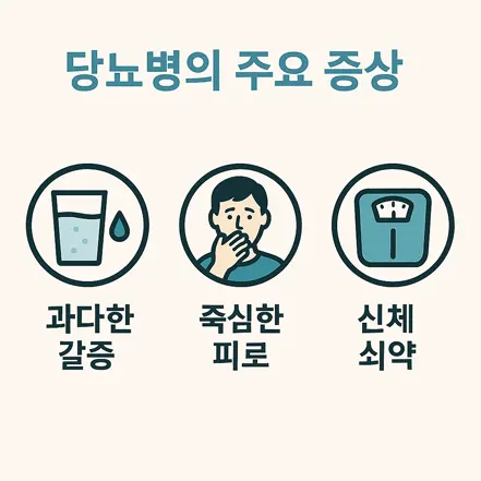 당뇨병의 주요 증상을 보여주는 갈증, 피로, 체중 감소 아이콘
