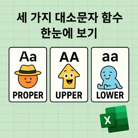 엑셀의 PROPER, UPPER, LOWER 세 가지 대소문자 함수 개념을 나타낸 일러스트