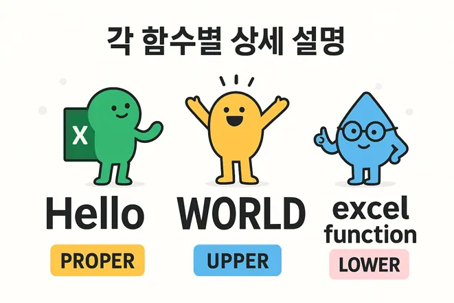 각 함수별 설명을 귀여운 캐릭터로 표현한 엑셀 대소문자 함수 이미지