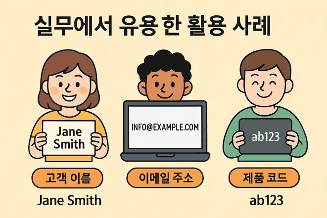 고객 이름, 이메일 주소, 제품 코드를 엑셀 함수로 정리하는 실무 사례를 보여주는 일러스트