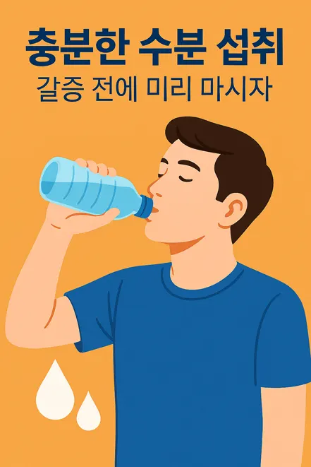 물을 마시는 남성과 '충분한 수분 섭취 – 갈증 전에 미리 마시자'라는 문구가 적힌 포스터
