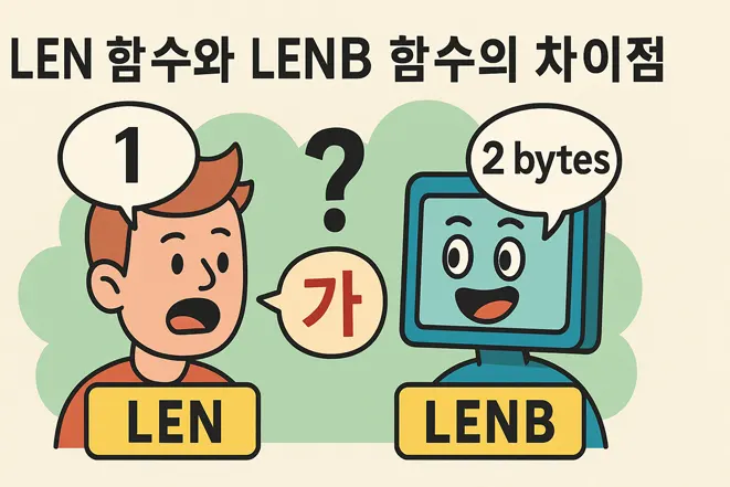 LEN 함수와 LENB 함수의 차이를 보여주는 캐릭터 일러스트 이미지