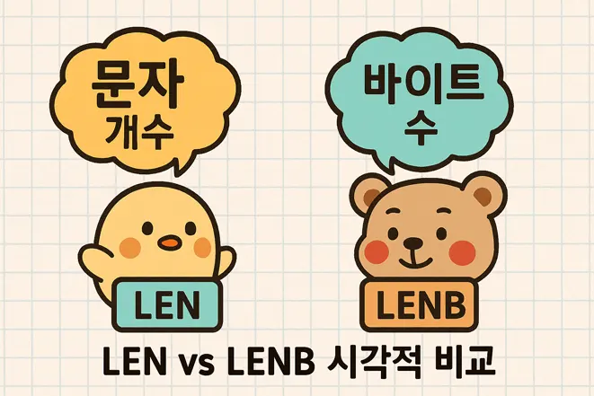 LEN 함수와 LENB 함수의 문자 개수 vs 바이트 수 차이를 비교하는 캐릭터 일러스트