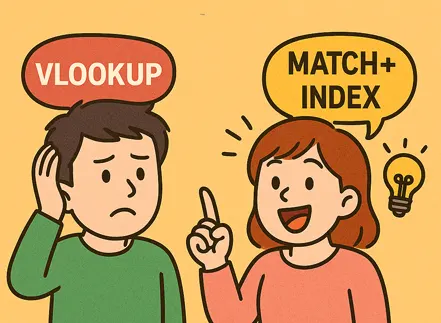 MATCH+INDEX가 VLOOKUP보다 유연하다는 개념을 표현한 캐릭터 일러스트