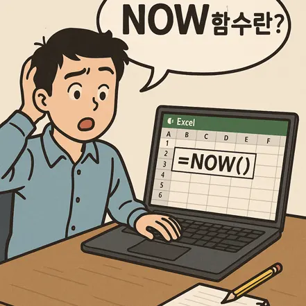 Excel에서 NOW 함수를 이해하려는 남성이 고민하는 모습의 일러스트