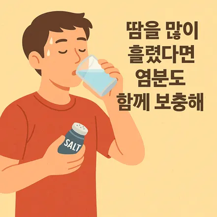 물을 마시며 소금도 함께 보충하는 남성과 '땀을 많이 흘렸다면 염분도 함께 보충해'라는 문구가 적힌 포스터