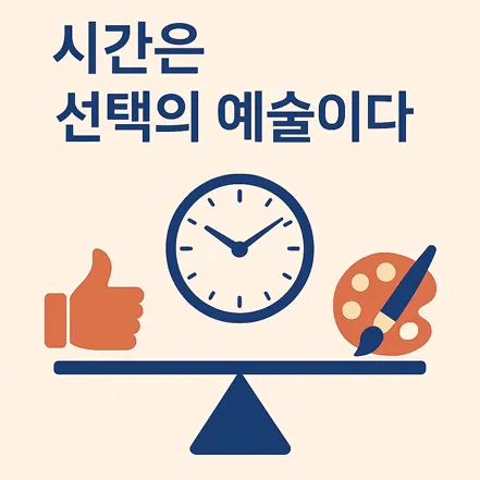 시계와 예술적인 요소가 어우러진 그래픽 이미지로, '시간은 선택의 예술이다'라는 문구가 함께 표현됨