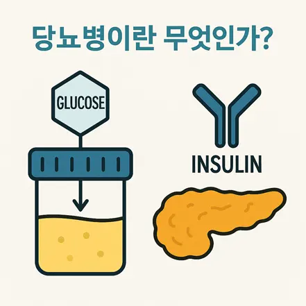 당뇨병의 정의를 보여주는 인슐린, 췌장, 소변 속 포도당 일러스트